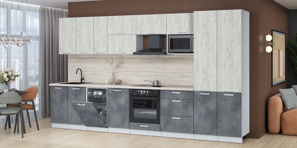 Изображение товара Кухонный гарнитур Интерлиния Мила Лайт 3.7-ПМ4 (дуб белый/бетон портленд/травертин серый)