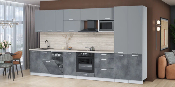 Изображение товара Кухонный гарнитур Интерлиния Мила Лайт 3.7-ПМ4 (серебро/бетон портленд/травертин серый)