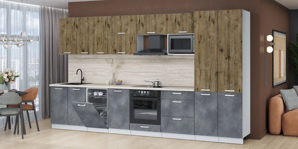 Изображение товара Кухонный гарнитур Интерлиния Мила Лайт 3.7-ПМ4  (дуб веллингтон/бетон портленд/травертин серый)