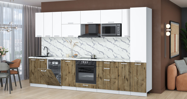 Изображение товара Кухонный гарнитур Интерлиния Мила Лайт 3.4-ПМ4 (белый платинум/дуб веллингтон/белый гранит)