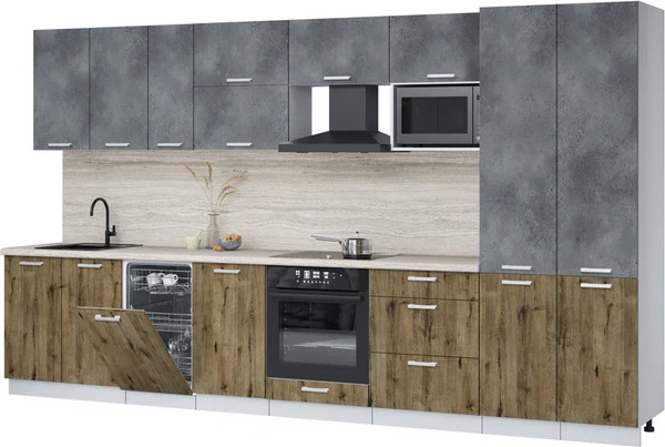 Изображение товара Кухонный гарнитур Интерлиния Мила Лайт 3.7-ПМ4  (бетон портленд/дуб веллингтон/травертин серый)