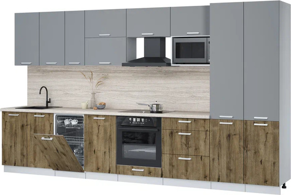 Изображение товара Кухонный гарнитур Интерлиния Мила Лайт 3.7-ПМ4 (серебро/дуб веллингтон/травертин серый)