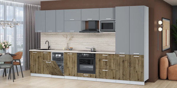 Изображение товара Кухонный гарнитур Интерлиния Мила Лайт 3.7-ПМ4 (серебро/дуб веллингтон/травертин серый)