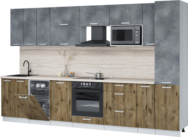 Изображение товара Кухонный гарнитур Интерлиния Мила Лайт 3.4-ПМ4 (бетон портленд/дуб веллингтон/травертин серый)