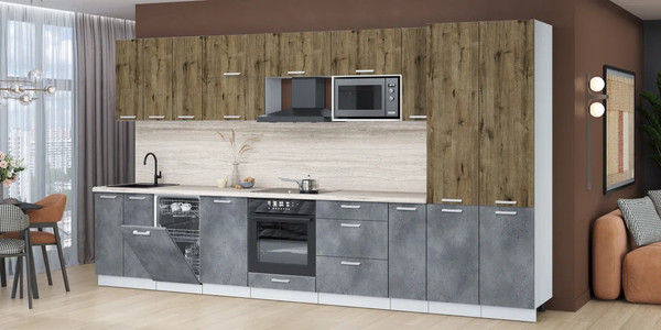 Изображение товара Кухонный гарнитур Интерлиния Мила Лайт 3.8-ПМ4  (дуб веллингтон/бетон портленд/травертин серый)