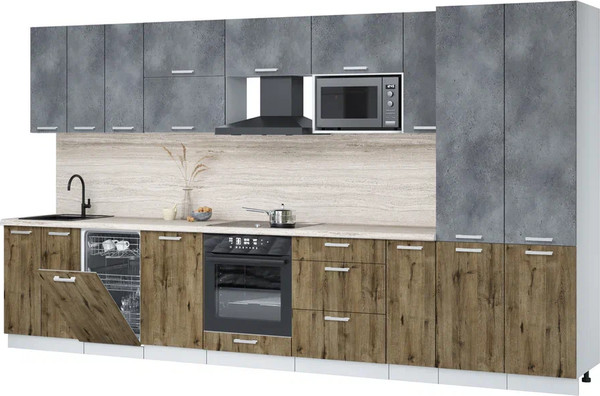 Изображение товара Кухонный гарнитур Интерлиния Мила Лайт 3.8-ПМ4  (бетон портленд/дуб веллингтон/травертин серый)