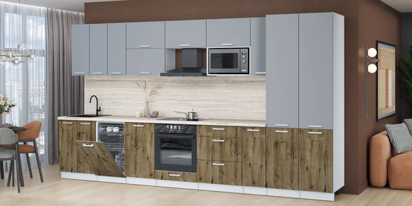 Изображение товара Кухонный гарнитур Интерлиния Мила Лайт 3.8-ПМ4 (серебро/дуб веллингтон/травертин серый)