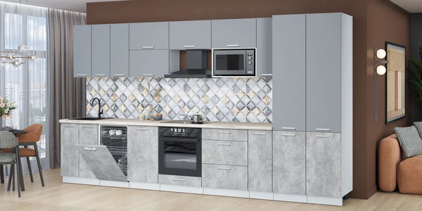 Изображение товара Кухонный гарнитур Интерлиния Мила Лайт 3.8-ПМ4  (серебро/бетон/травертин серый)