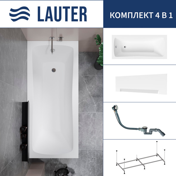 Изображение товара Ванна акриловая Lauter Bianca 170 / 21207170 (с каркасом, лицевым экраном белого цвета и сифоном 21Y32000 хром)