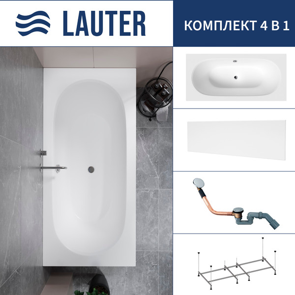 Изображение товара Ванна акриловая Lauter Ava 170 / 21208070 (с каркасом, лицевым экраном белого цвета и сифоном 21Y11020 хром)