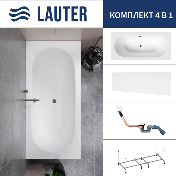 Изображение товара Ванна акриловая Lauter Ava 170 / 21208070 (с каркасом, лицевым экраном белого цвета и сифоном 21Y11022 белый)