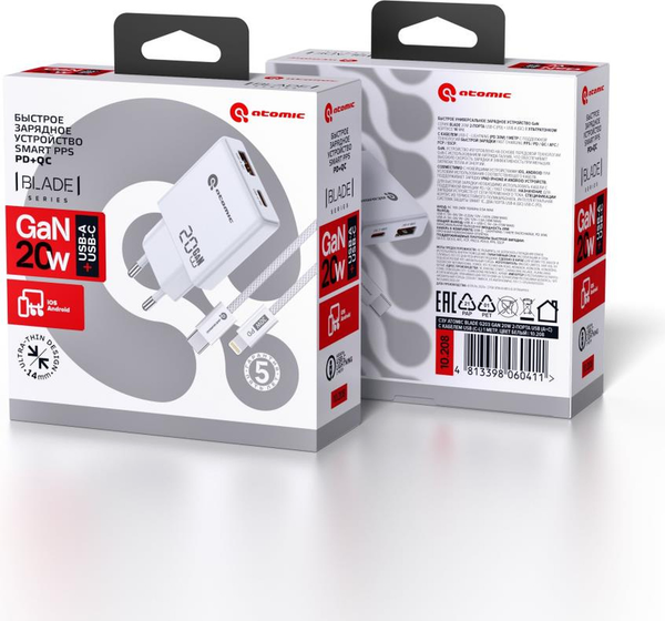 Изображение товара Зарядное устройство сетевое Atomic Blade G203 GAN 20W USB (A+C) с кабелем USB С-L / 10.208 (белый)