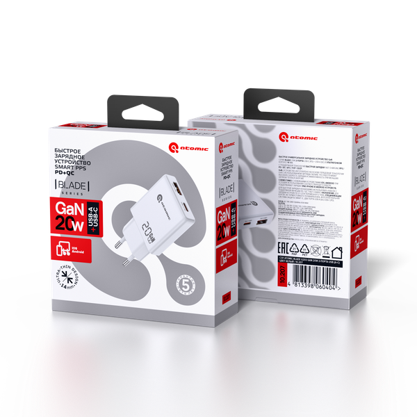 Изображение товара Адаптер питания сетевой Atomic Blade G203 GAN 20W USB A+C / 10.207 (белый)