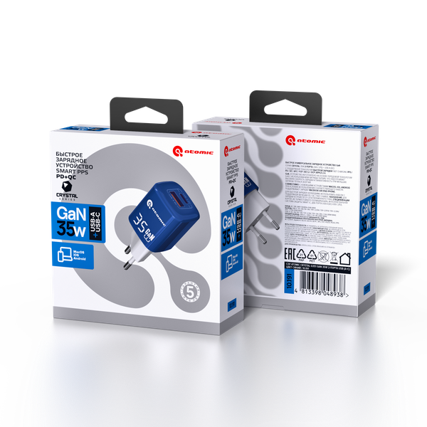 Изображение товара Адаптер питания сетевой Atomic Crystal G351 GAN 35W USB A+C / 10.191 (синий)