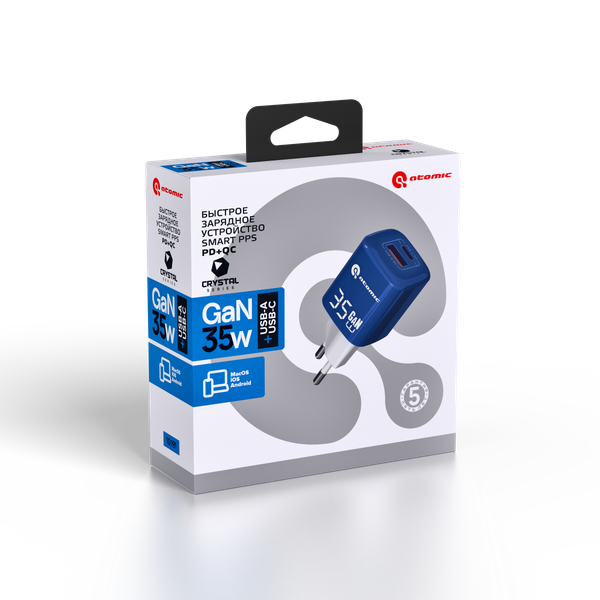 Изображение товара Адаптер питания сетевой Atomic Crystal G351 GAN 35W USB A+C / 10.191 (синий)
