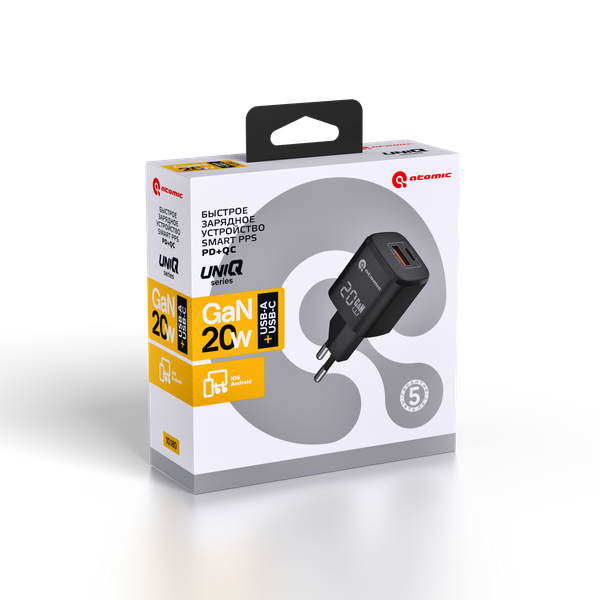 Изображение товара Адаптер питания сетевой Atomic UniQ G201 GAN 20W USB A+C / 10.180 (черный)