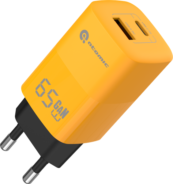 Изображение товара Зарядное устройство сетевое Atomic UniQ G651 GAN 65W USB A+C с кабелем USB С-С / 10.188 (желтый)