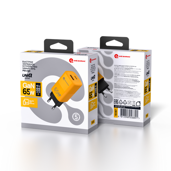 Изображение товара Адаптер питания сетевой Atomic UniQ G651 GAN 65W USB A+C / 10.187 (желтый)