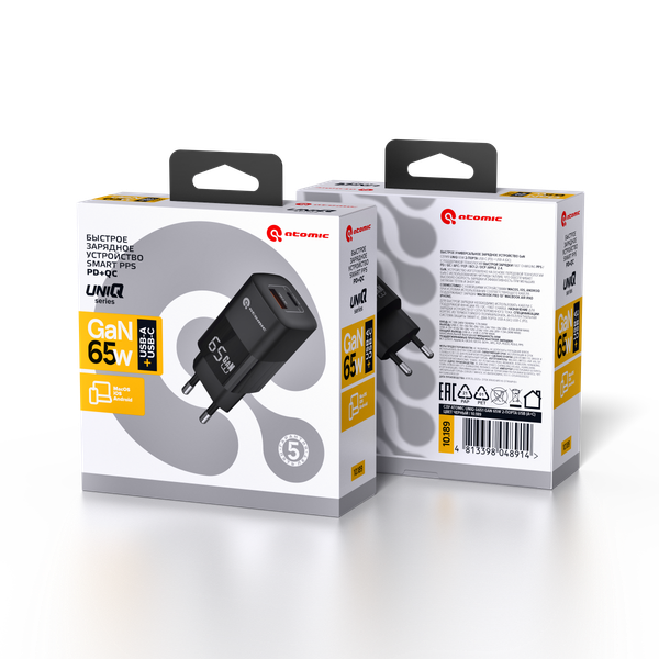 Изображение товара Адаптер питания сетевой Atomic UniQ G651 GAN 65W USB A+C / 10.189 (черный)
