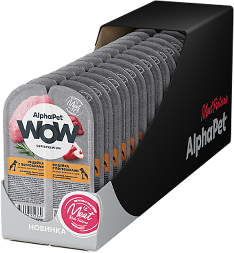 Изображение товара Влажный корм для собак AlphaPet Wow Для щенков Нежные ломтики в соусе Индейка и потрошки (15x100г)