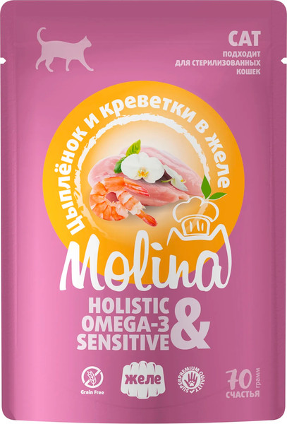Изображение товара Влажный корм для кошек Molina Цыпленок и креветки в желе / 1061212 (70г)