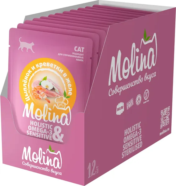 Изображение товара Влажный корм для кошек Molina Цыпленок и креветки в желе / 1061212 (70г)