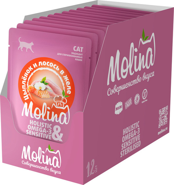 Изображение товара Влажный корм для кошек Molina Цыпленок и лосось в желе / 1061243 (70г)