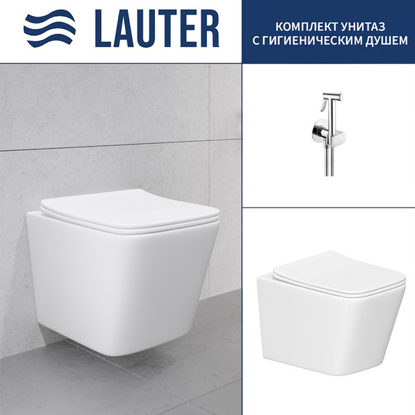 Изображение товара Унитаз подвесной Lauter Square с жестким сиденьем Soft Close 214903 + Breez 21GN7071CH (скрытое крепление)