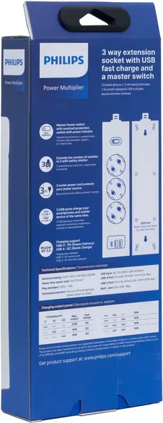 Изображение товара Сетевой фильтр Philips CHP4336BB/51 (3м, 3 розетки, черный)