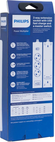 Изображение товара Сетевой фильтр Philips CHP4336WB/51 (3м, 3 розетки, белый)