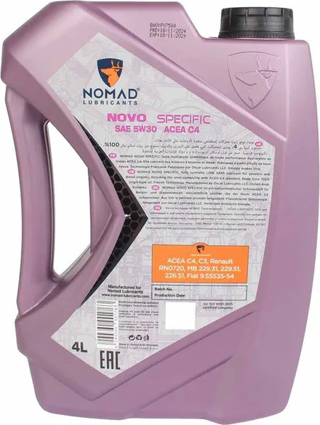 Изображение товара Моторное масло NOMAD Novo Specific 5W-30 ACEA C4 / 13419 (4л)