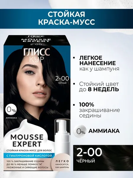 Изображение товара Краска-мусс для волос Глисс Кур Mousse Expert тон 2.00 черный