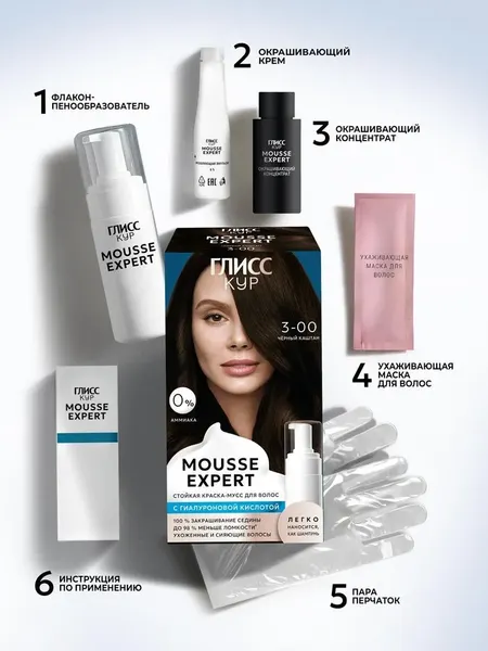 Изображение товара Краска-мусс для волос Глисс Кур Mousse Expert тон 3.00 черный каштан