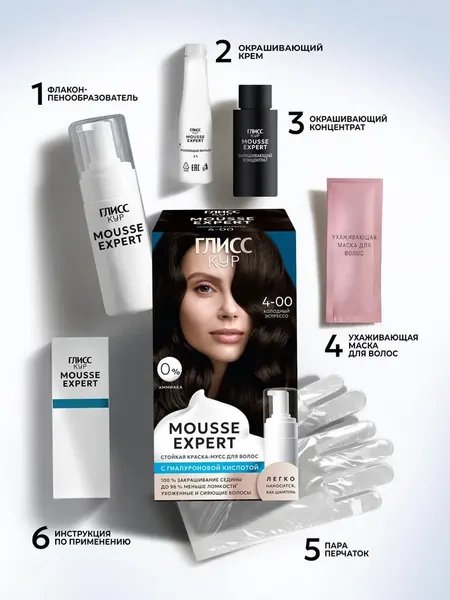 Изображение товара Краска-мусс для волос Глисс Кур Mousse Expert тон 4.00 холодный эспрессо