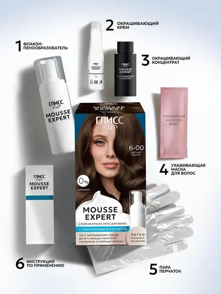 Изображение товара Краска-мусс для волос Глисс Кур Mousse Expert тон 6.00 светлый каштан