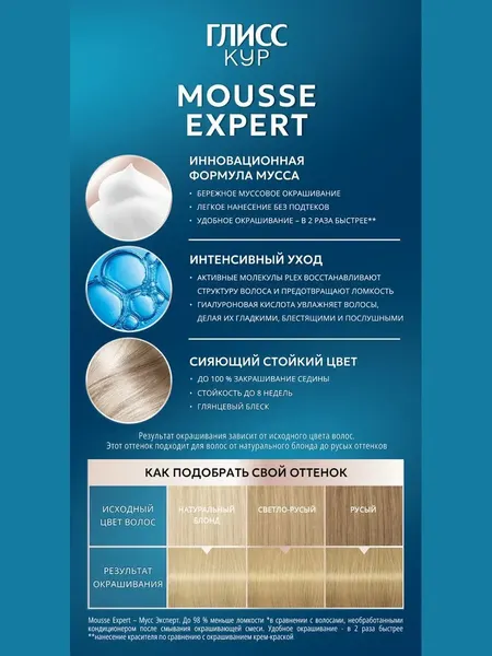 Изображение товара Краска-мусс для волос Глисс Кур Mousse Expert тон 9.10 жемчужный блонд