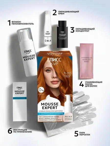 Изображение товара Краска-мусс для волос Глисс Кур Mousse Expert тон 7.70 пикантный медный