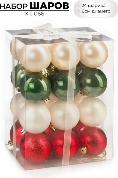 Изображение товара Набор шаров новогодних Ausini XK-066 (красный/зеленый/жемчуг, 24шт)