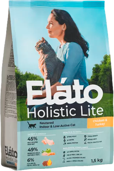 Изображение товара Сухой корм для кошек Elato Holistic Lite Для стерилизованных кошек с курицей и индейкой (1.5кг)