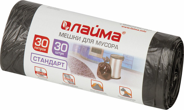 Изображение товара Пакеты для мусора Laima Стандарт / 601377 (30л, 30шт, черный)