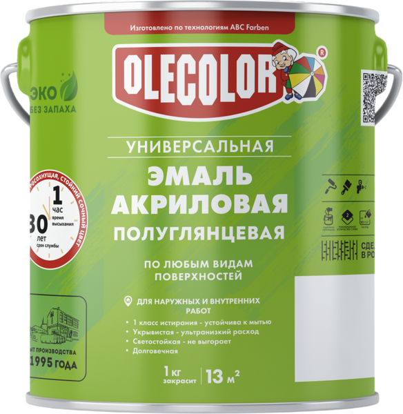 Изображение товара Эмаль Olecolor Акриловая универсальная полуглянцевая (3кг, белый)