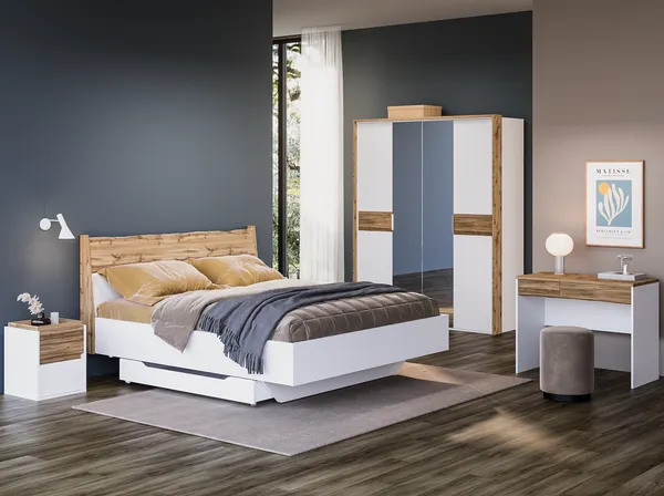 Изображение товара Двуспальная кровать MODULA Сэлва INV04K-1900/2181/1100(02) (дуб натюрель/белый премиум)