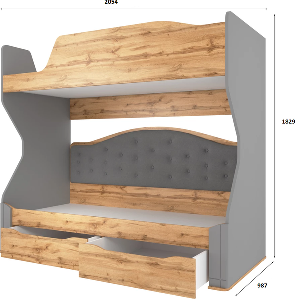 Изображение товара Двухъярусная кровать MODULA Карпин INV01KMW-2SR-2054/987/1829(06) (серый/дуб натюрель/серый ткань)