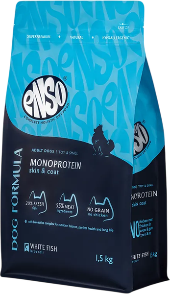 Изображение товара Сухой корм для собак ENSO DF Monoprotein Для мелк/мини белая рыба брокколи / 020/251222 (1.5кг)
