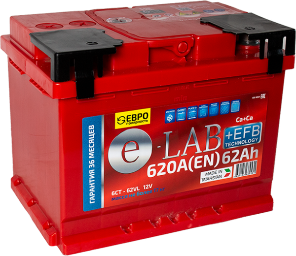 Изображение товара Автомобильный аккумулятор E-Lab +EFB 62 Ah (0) 620A L2 6СТ-62 / 062 111 К11 Е (62А/ч)