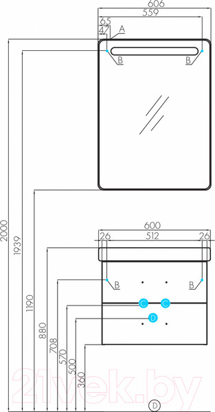 Изображение товара Шкаф с зеркалом для ванной Акватон Америна 60 (1A135302AM01R)