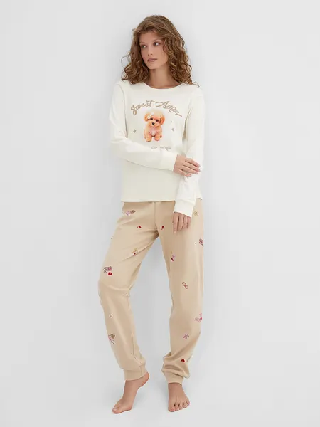 Изображение товара Комплект домашней одежды Mark Formelle 592514 (р.164/170-92-98, молочный/собачки на песочном)