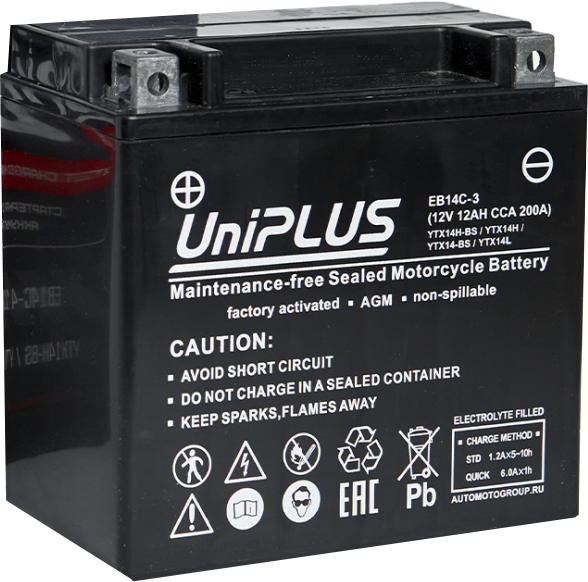Изображение товара Мотоаккумулятор UniPLUS HP (1) 200A YTX14-BS / EB14C-4 (12А/ч)