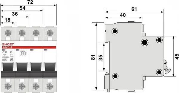 Изображение товара Выключатель автоматический SHCET ВА 47-19 4Р 40А 6kA хар.С / S0000198
