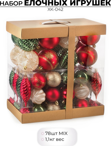 Изображение товара Набор шаров новогодних Ausini XK-042 (красный/зеленый/шампань, 78шт)